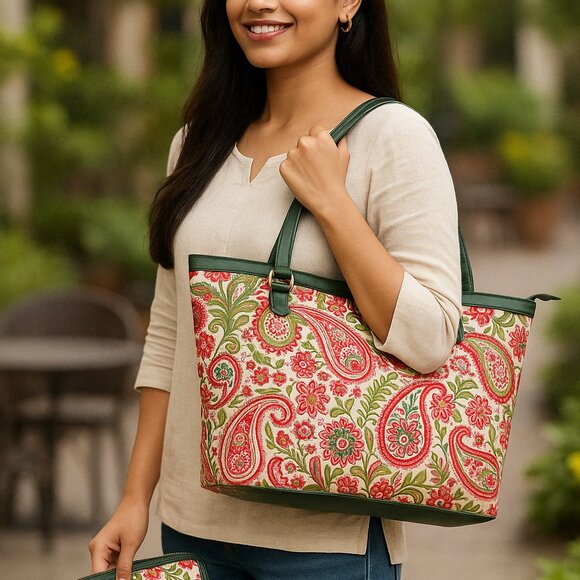 Handcrafted Paisley Printed shoulder Tote Bag & Wristlet Combo Set for Women - Picture 2 of 5